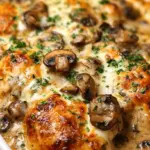 A bubbling golden brown chicken casserole with mushrooms and melted mozzarella cheese in a white baking dish.