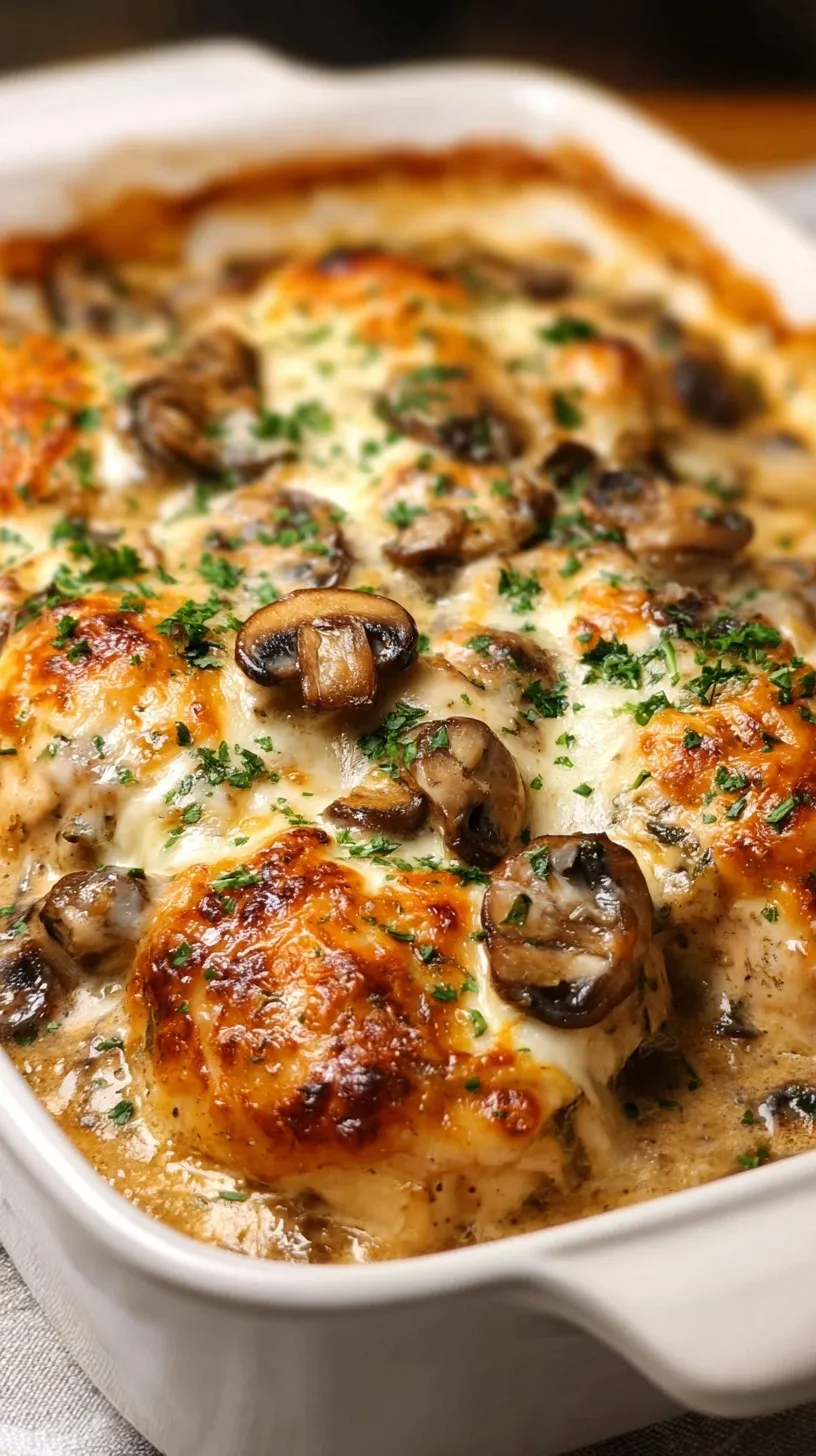 A bubbling golden brown chicken casserole with mushrooms and melted mozzarella cheese in a white baking dish.