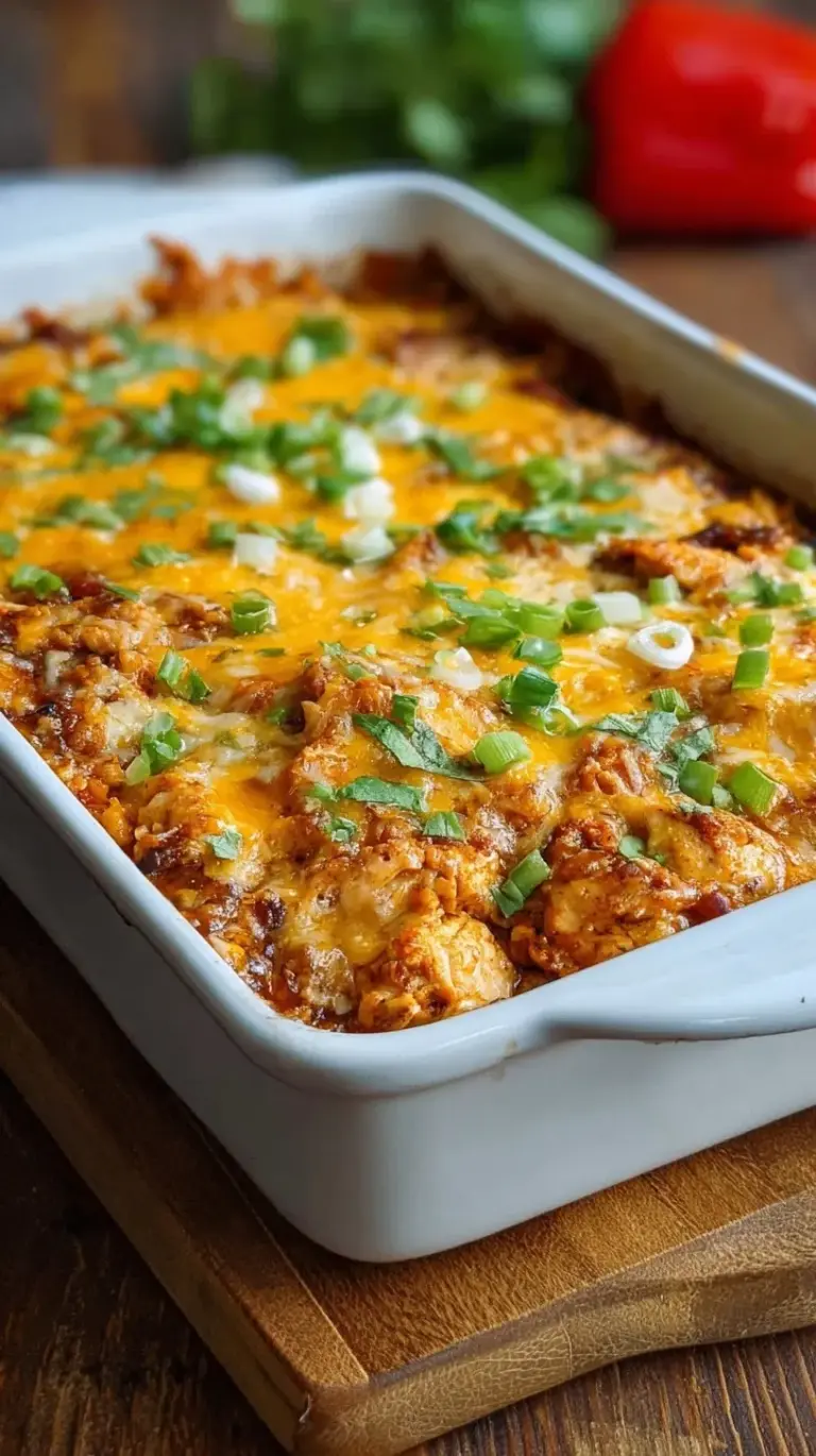 A bubbling keto mexican chicken casserole topped with melted cheese, jalapeño slices, and fresh cilantro in a white baking dish.