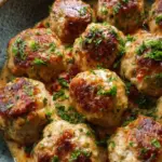 A tray of golden brown keto turkey meatballs garnished with fresh parsley