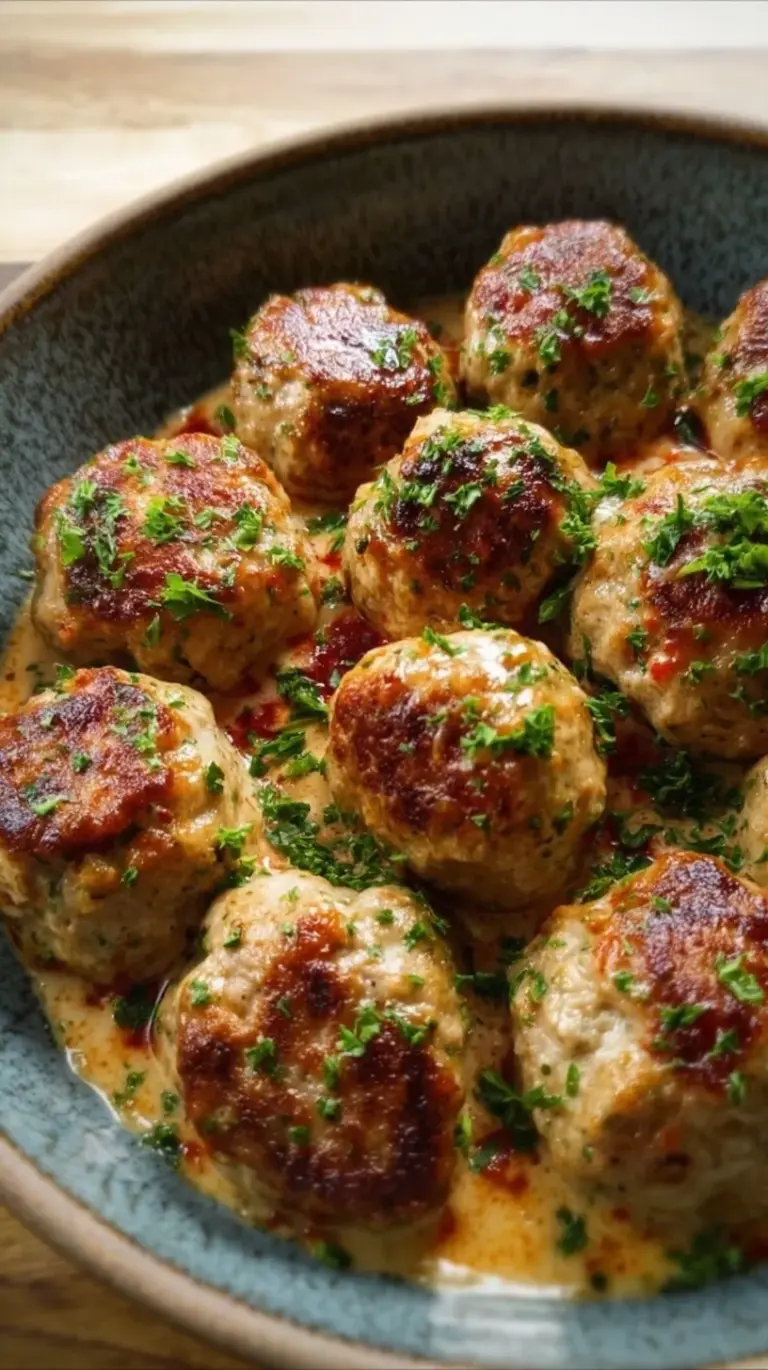 A tray of golden brown keto turkey meatballs garnished with fresh parsley