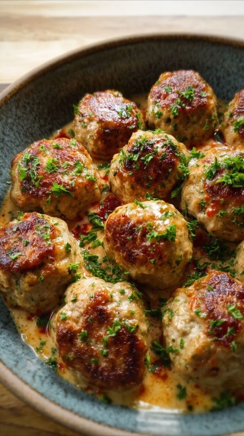 A tray of golden brown keto turkey meatballs garnished with fresh parsley