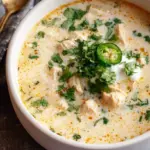 A bowl of creamy white chicken chili garnished with fresh cilantro