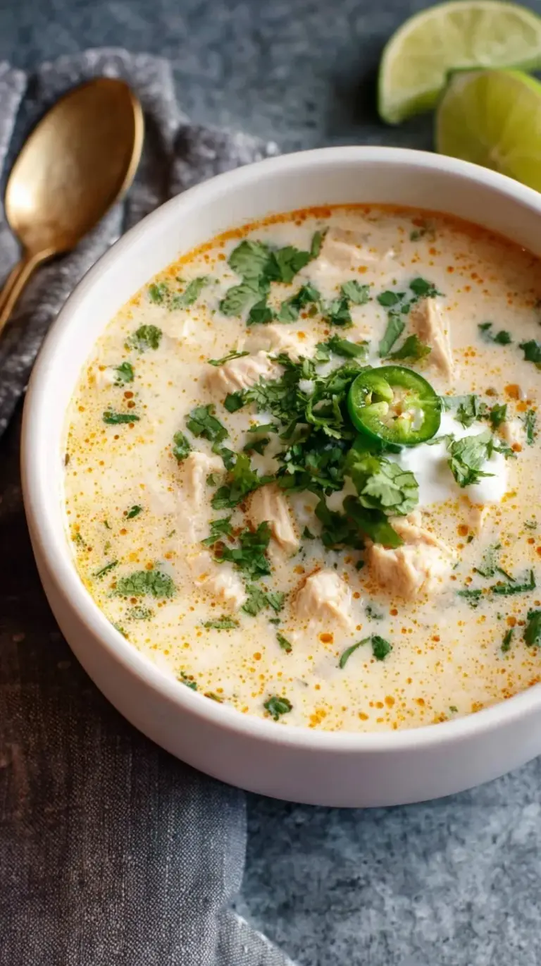 A bowl of creamy white chicken chili garnished with fresh cilantro