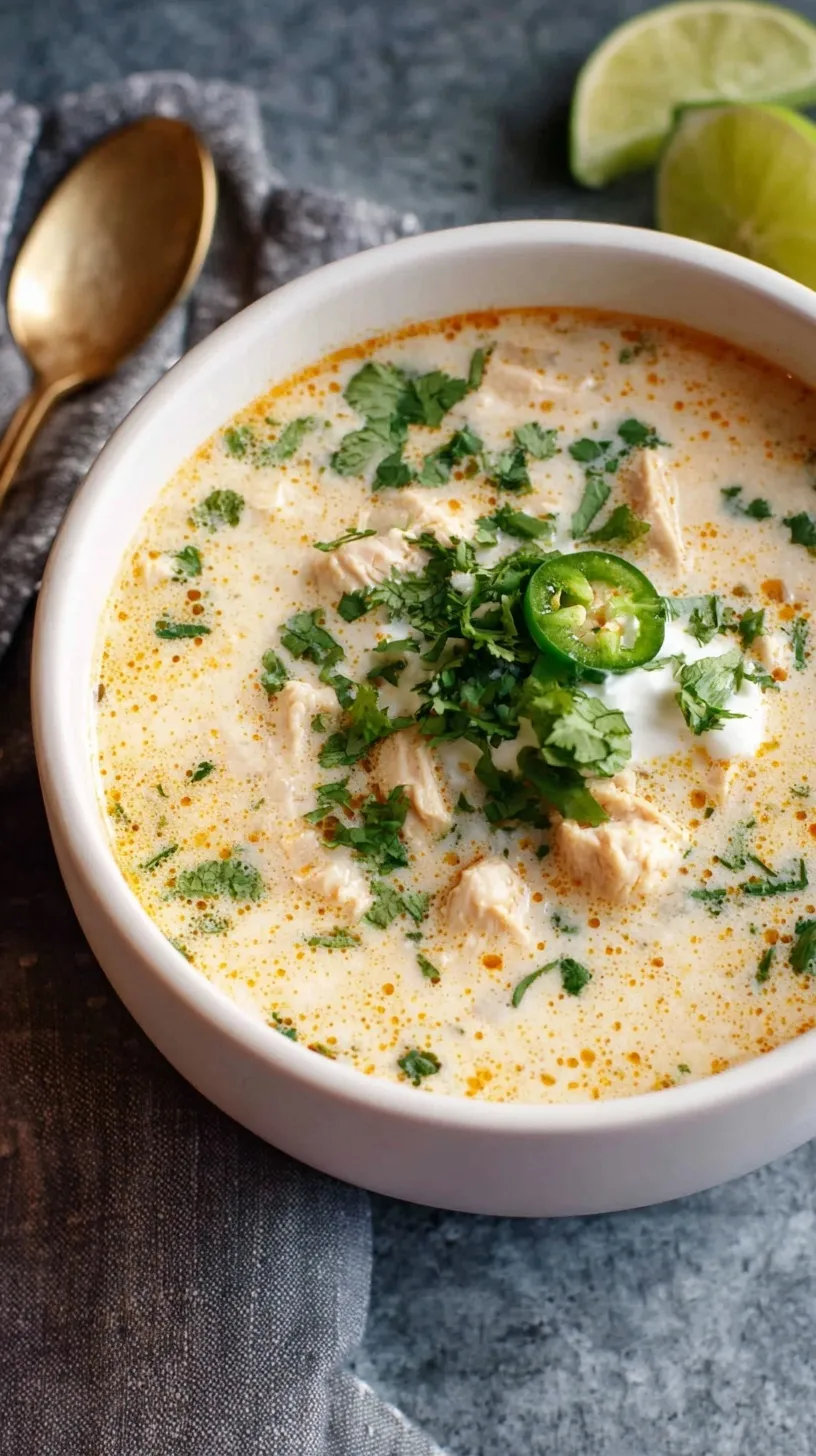 A bowl of creamy white chicken chili garnished with fresh cilantro