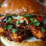 A toasted brioche bun filled with glazed Korean BBQ chicken and a bright kimchi cabbage slaw.