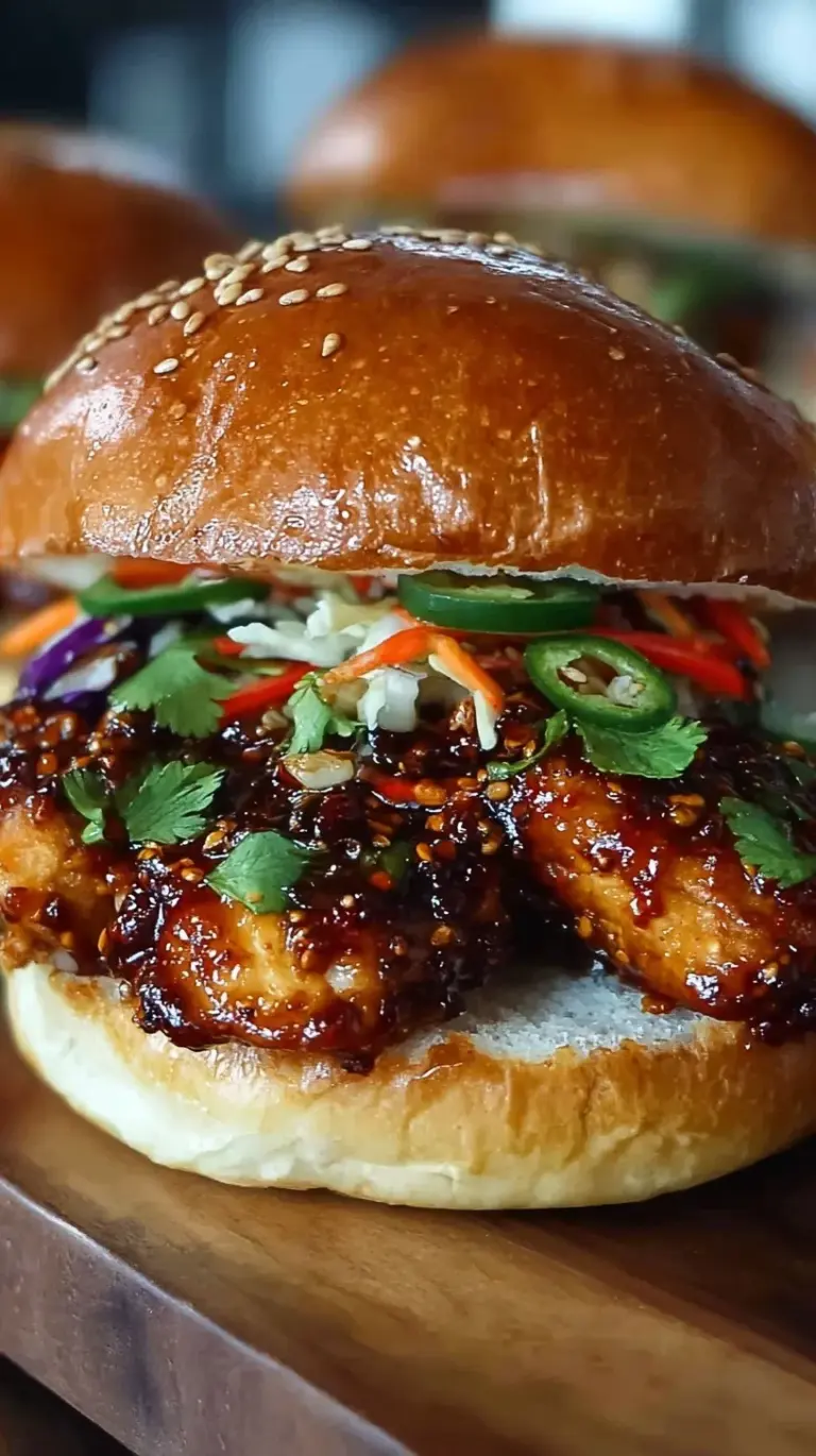 A toasted brioche bun filled with glazed Korean BBQ chicken and a bright kimchi cabbage slaw.