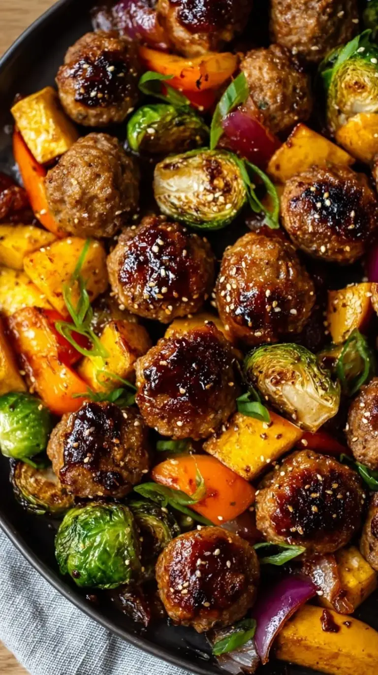 Glazed Korean BBQ meatballs served with roasted broccoli and red bell peppers on a white plate.