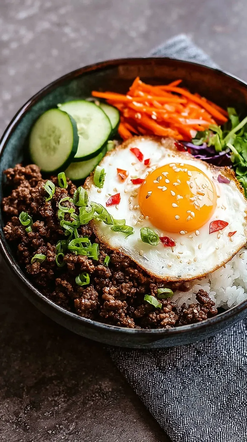 A savory Korean ground beef bowl topped with green onions and sesame seeds over white rice.