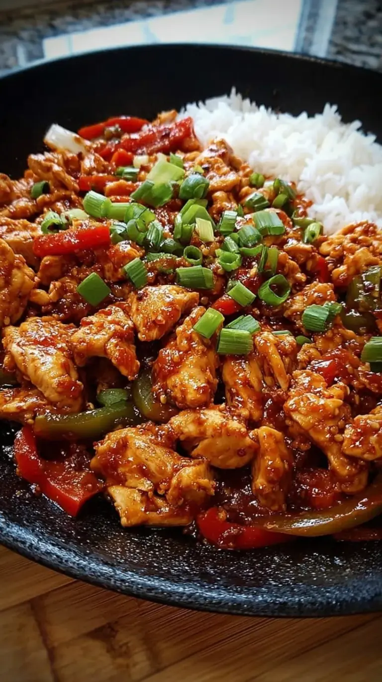 A vibrant skillet of Korean spicy chicken stir fry with golden chicken, green cabbage, and orange carrots.