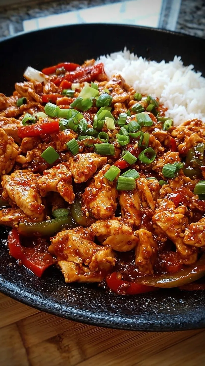 A vibrant skillet of Korean spicy chicken stir fry with golden chicken, green cabbage, and orange carrots.