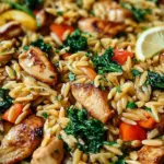 A colorful skillet filled with golden chicken cubes, tender orzo, green zucchini, and red peppers with a lemon garnish.