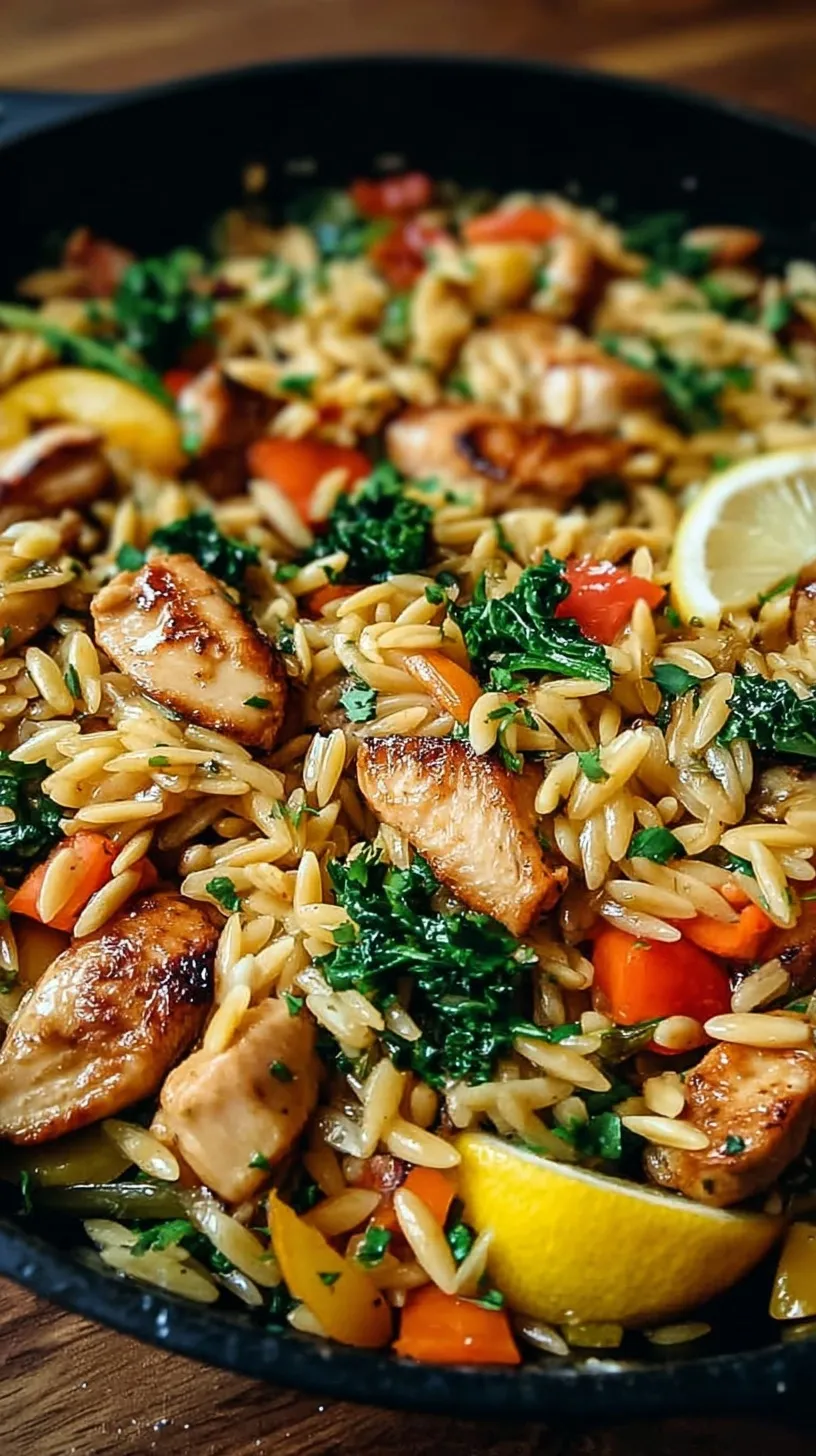 A colorful skillet filled with golden chicken cubes, tender orzo, green zucchini, and red peppers with a lemon garnish.