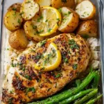 Diced lemon garlic chicken breast in meal prep containers with fresh parsley