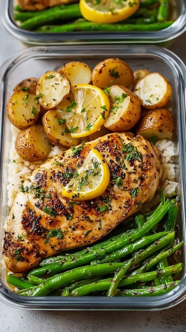 Diced lemon garlic chicken breast in meal prep containers with fresh parsley