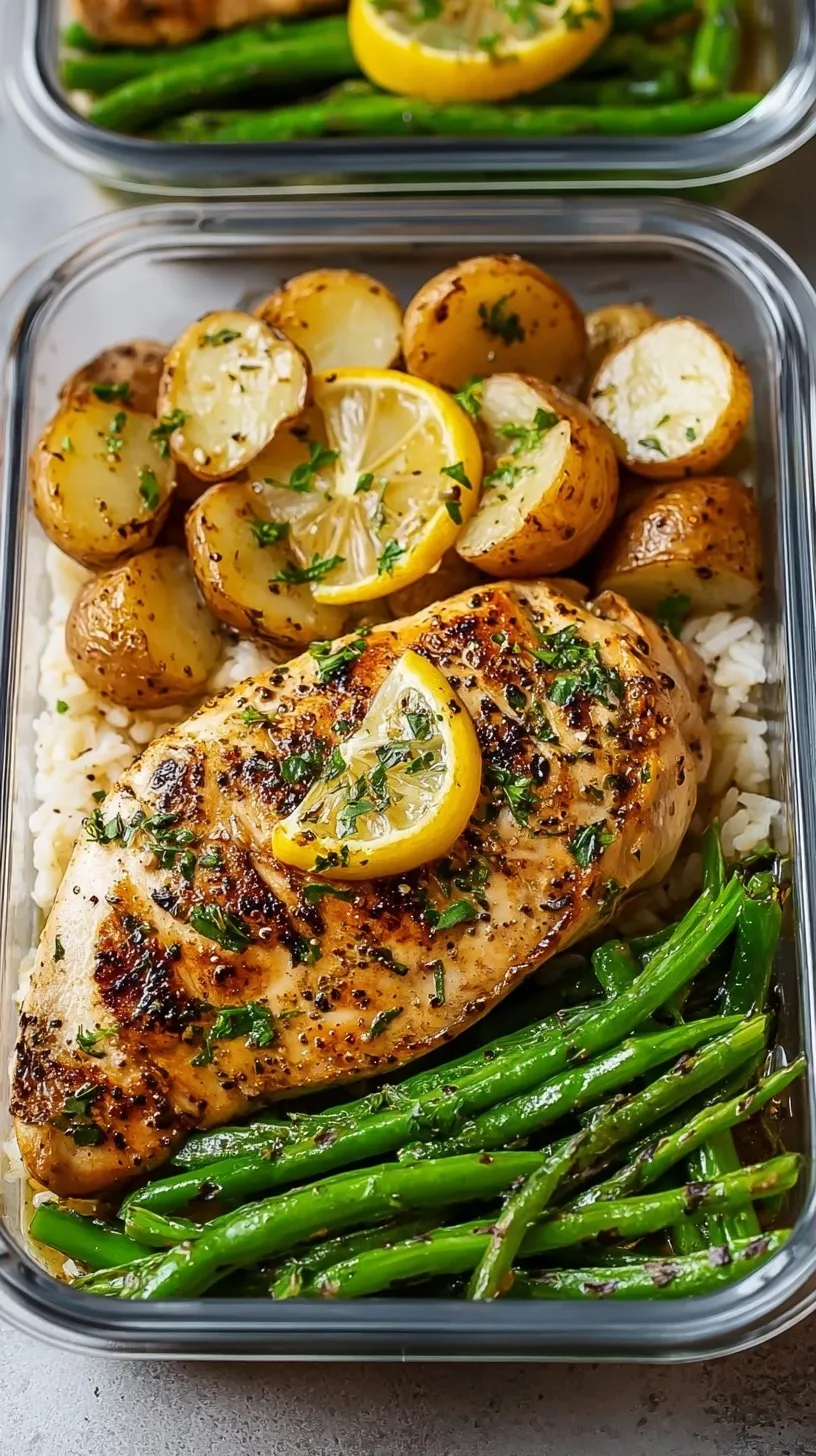 Diced lemon garlic chicken breast in meal prep containers with fresh parsley