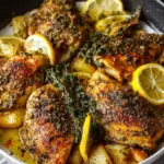 Slices of pan-seared lemon garlic chicken breast in a skillet with lemon wedges and fresh herbs.