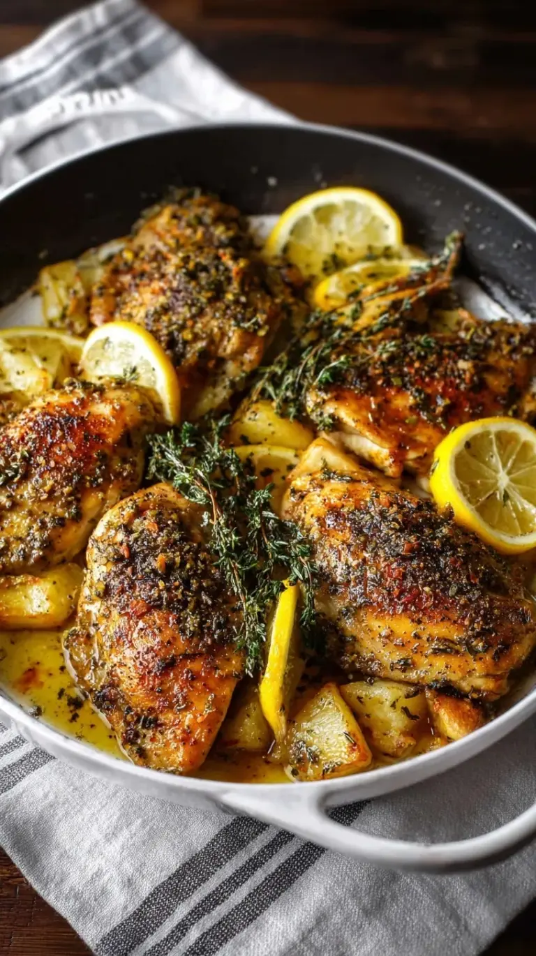 Slices of pan-seared lemon garlic chicken breast in a skillet with lemon wedges and fresh herbs.