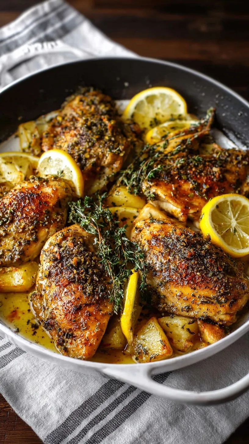 Slices of pan-seared lemon garlic chicken breast in a skillet with lemon wedges and fresh herbs.