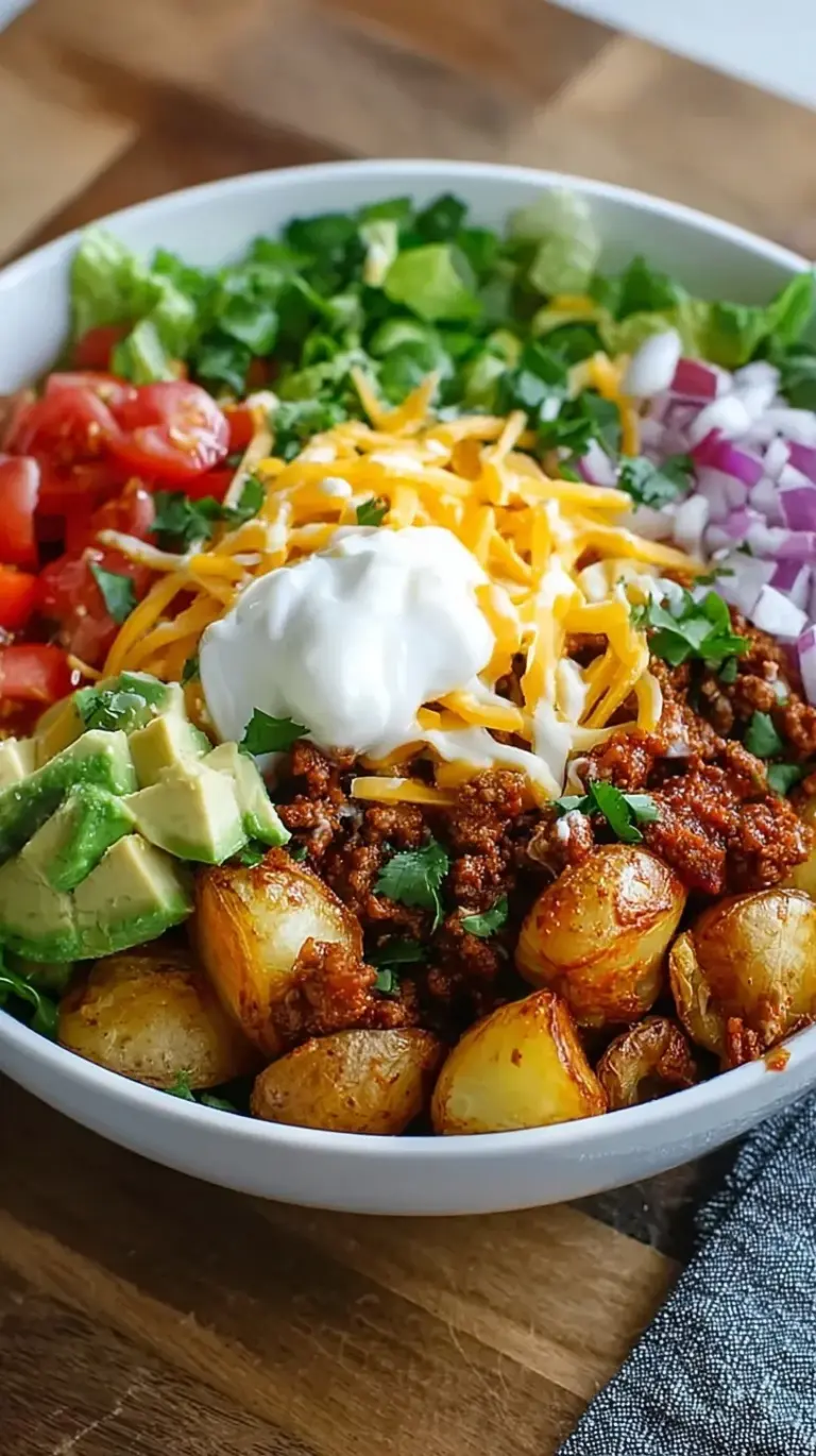 A vibrant bowl filled with crispy roasted potatoes, seasoned ground beef, black beans, corn, and melted cheese topped with salsa.
