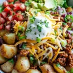 A colorful Loaded Potato Taco Bowl with crispy potatoes, seasoned ground beef, black beans, corn, and a dollop of Greek yogurt.