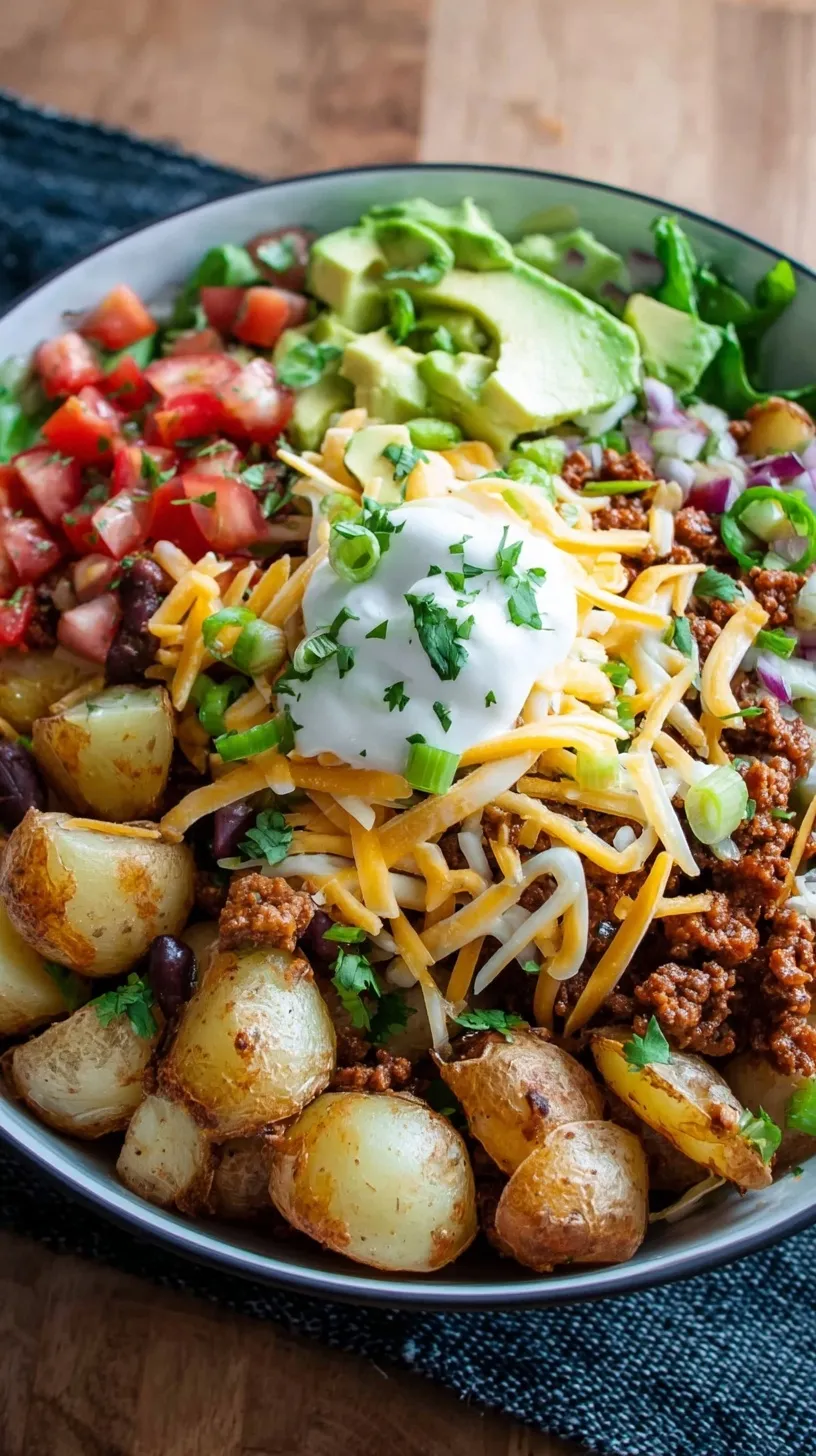 A colorful Loaded Potato Taco Bowl with crispy potatoes, seasoned ground beef, black beans, corn, and a dollop of Greek yogurt.