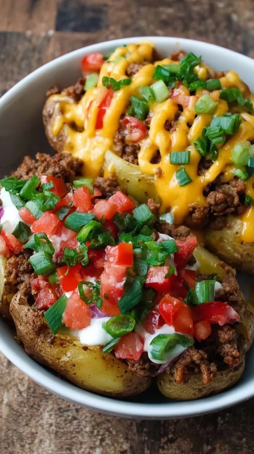 A colorful bowl featuring roasted potato cubes, seasoned ground beef, black beans, avocado, and a dollop of Greek yogurt.