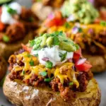 Oven-baked russet potatoes stuffed with seasoned ground beef, black beans, cheese, and salsa.