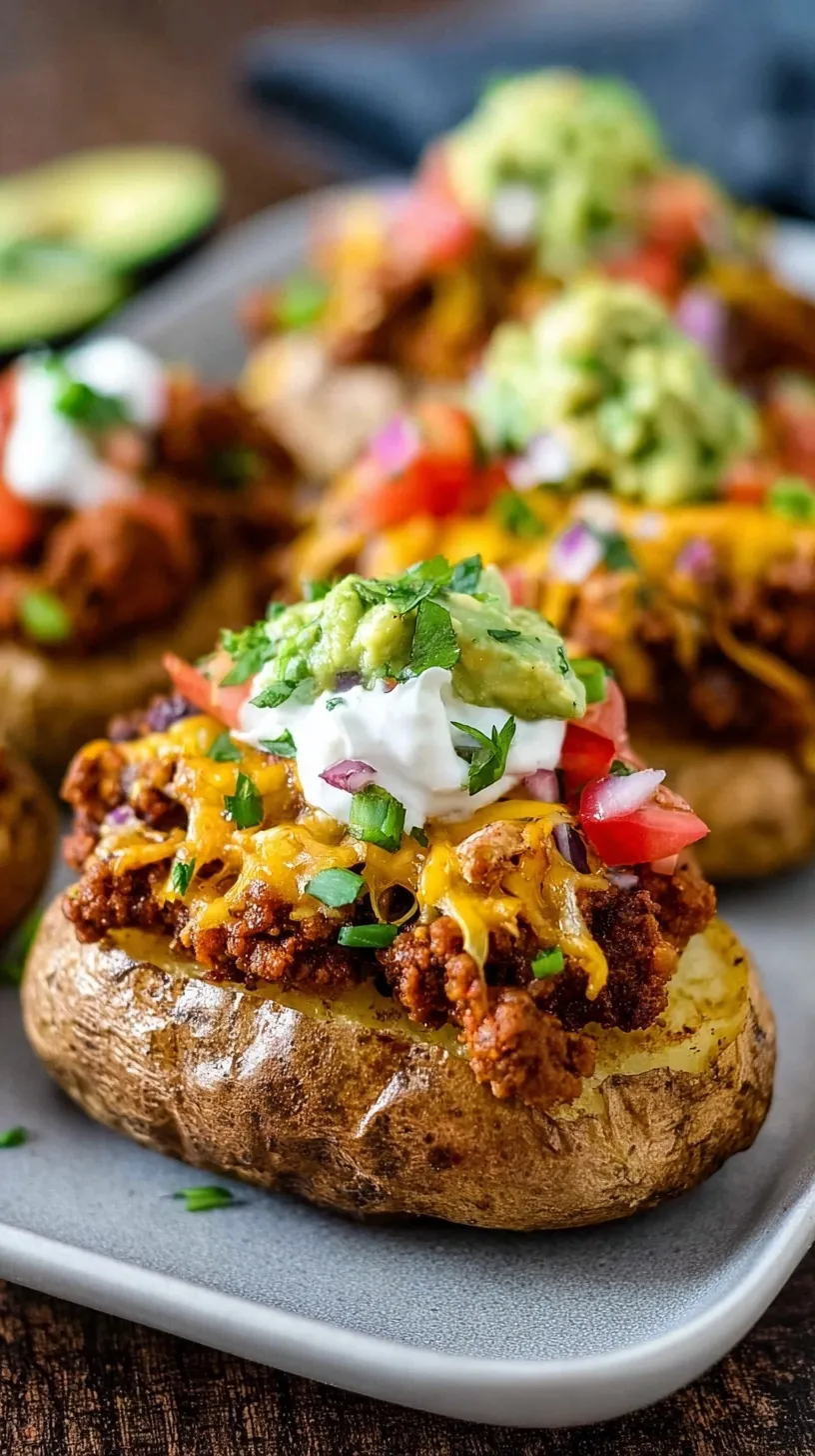 Oven-baked russet potatoes stuffed with seasoned ground beef, black beans, cheese, and salsa.