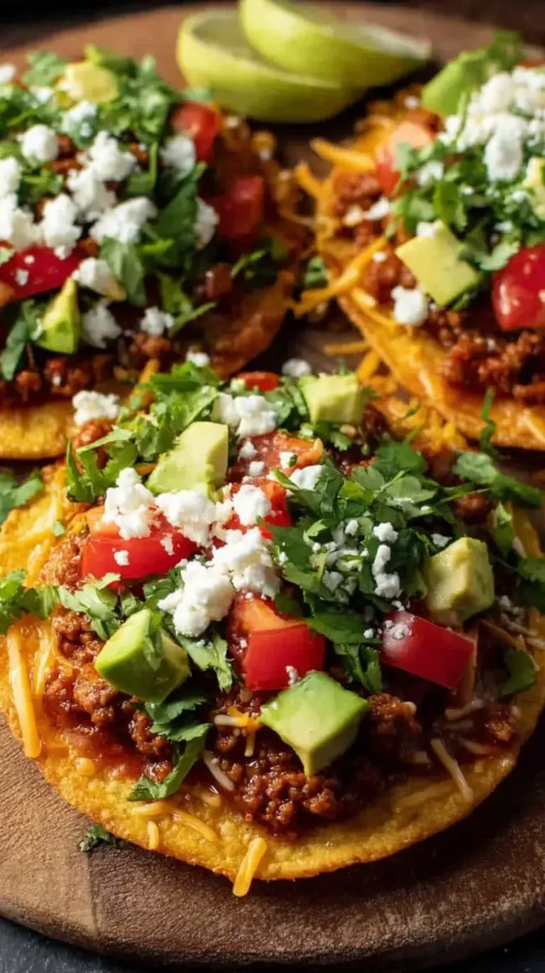 Crispy corn tortillas topped with seasoned ground turkey, fresh lettuce, tomatoes, and Greek yogurt
