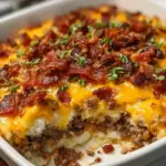 A golden-brown cheeseburger casserole topped with melted cheddar cheese and crispy bacon bits in a white baking dish.