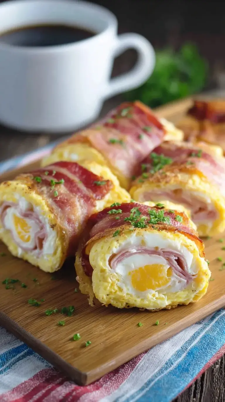 Golden egg roll ups filled with melted cheese, bacon, and spinach on a white plate