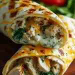 Close up of a toasted cheesy garlic chicken wrap sliced in half with melted mozzarella and fresh spinach inside.