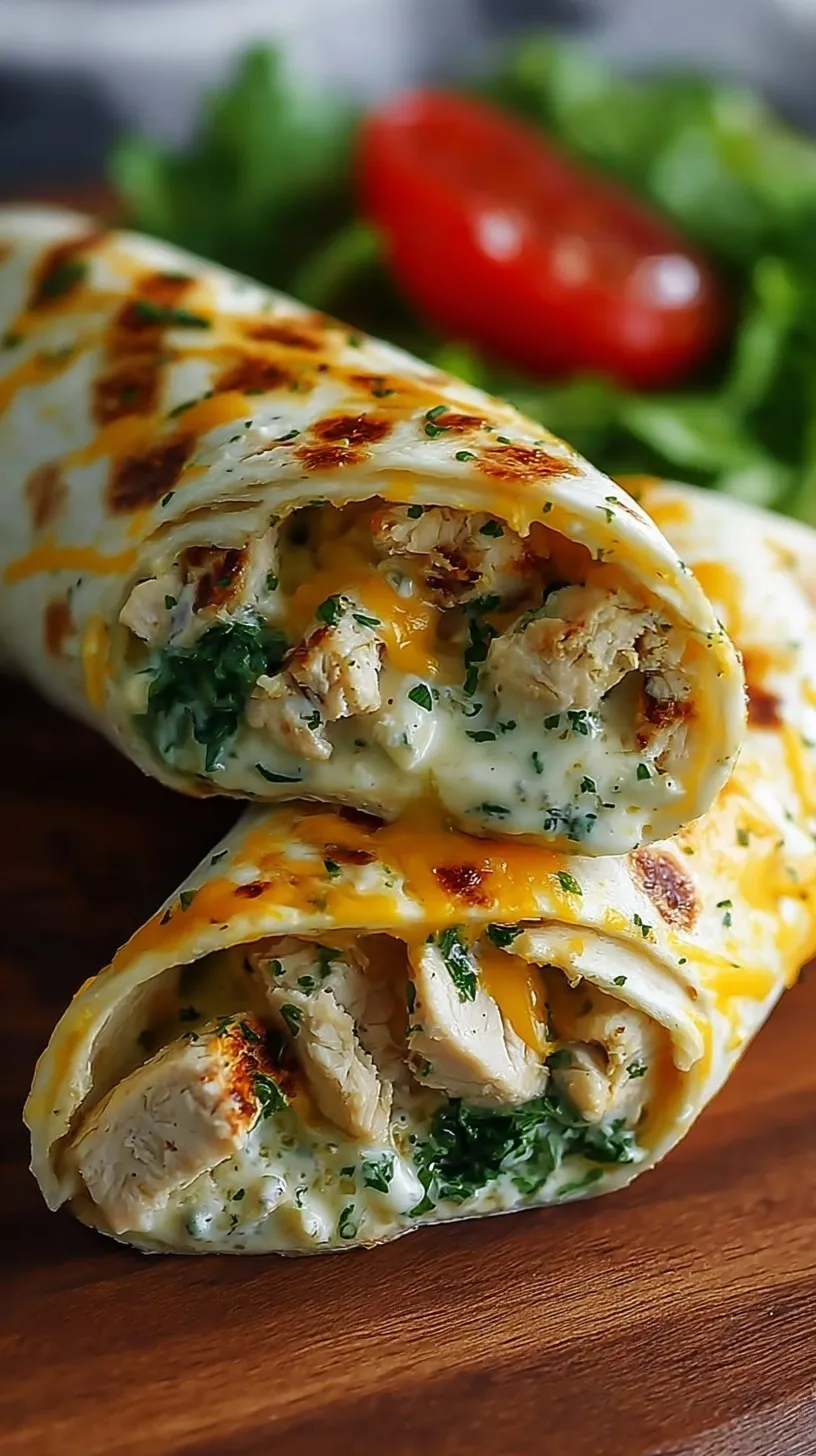Close up of a toasted cheesy garlic chicken wrap sliced in half with melted mozzarella and fresh spinach inside.