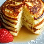 Golden brown cottage cheese pancakes stacked on a plate with fresh berries