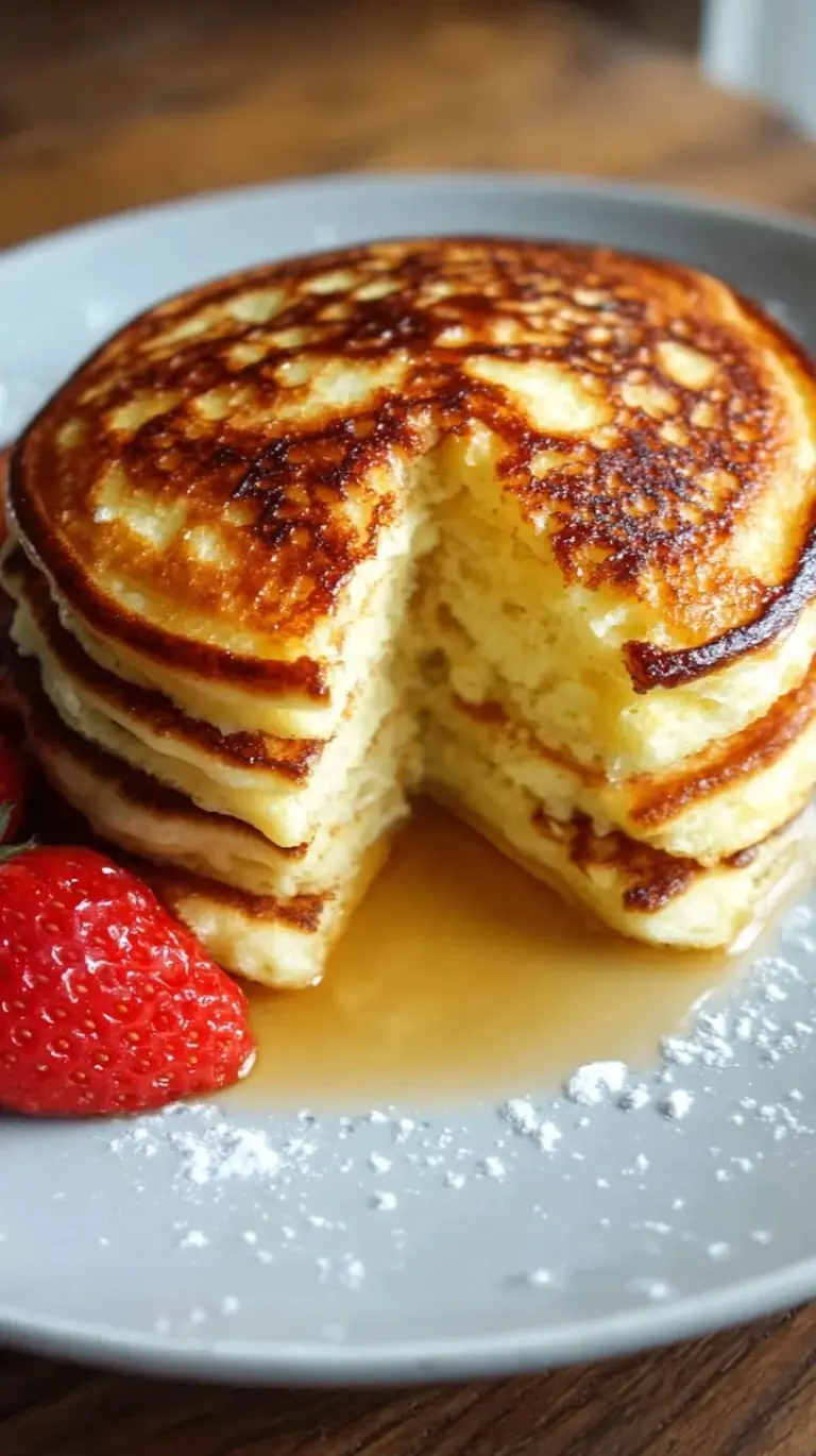 Golden brown cottage cheese pancakes stacked on a plate with fresh berries