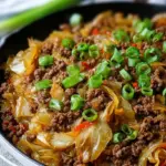 A skillet filled with savory Mongolian ground beef and tender shredded cabbage garnished with green onions