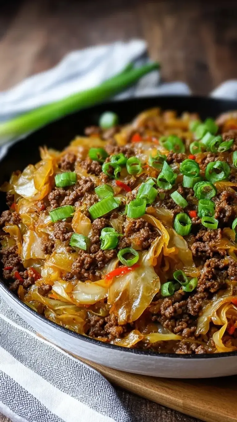 A skillet filled with savory Mongolian ground beef and tender shredded cabbage garnished with green onions
