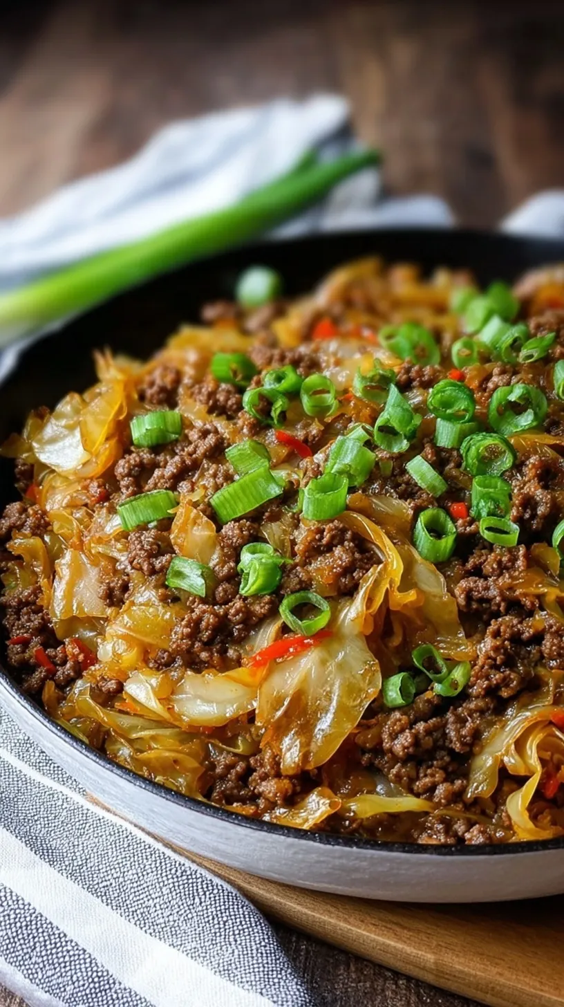 A skillet filled with savory Mongolian ground beef and tender shredded cabbage garnished with green onions