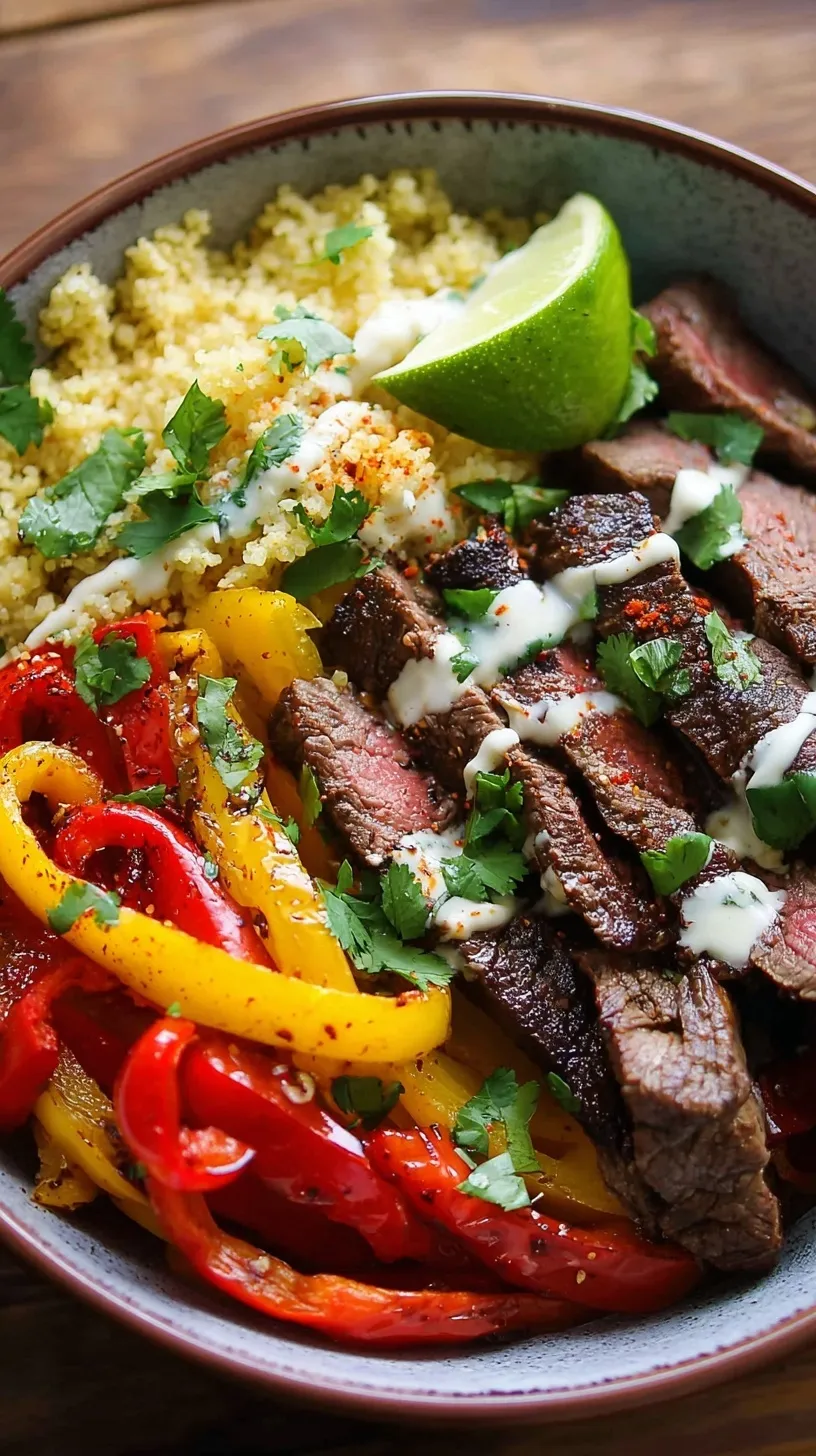 A vibrant Low Carb Steak Fajita Bowl with seared flank steak, colorful bell peppers, and cilantro lime cauliflower rice.