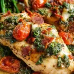 Pan-seared chicken breasts in a creamy white sauce with sun-dried tomatoes and fresh green spinach