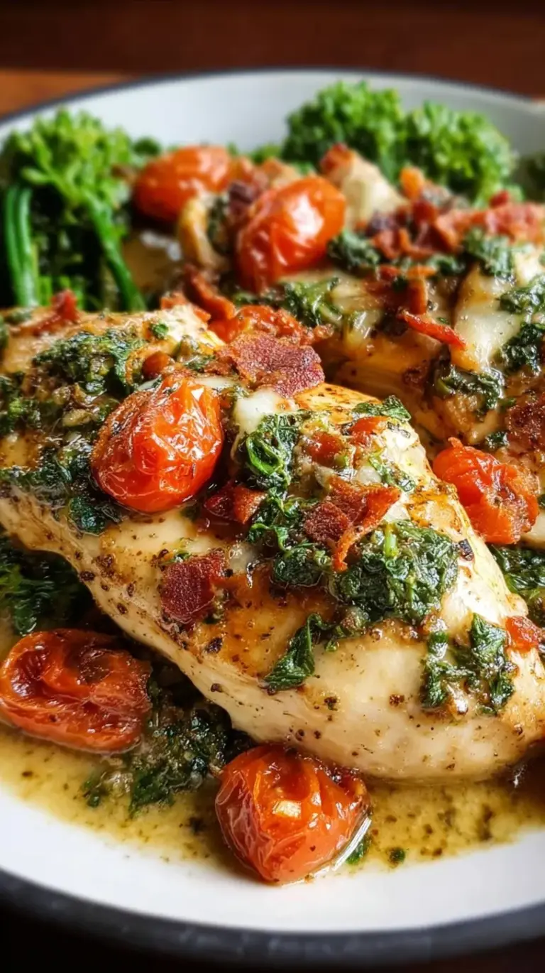 Pan-seared chicken breasts in a creamy white sauce with sun-dried tomatoes and fresh green spinach