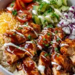 A colorful BBQ ranch chicken bowl with grilled chicken, corn, and black beans.