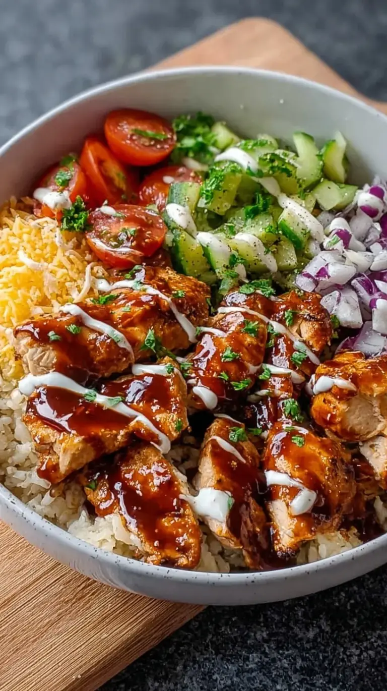 A colorful BBQ ranch chicken bowl with grilled chicken, corn, and black beans.