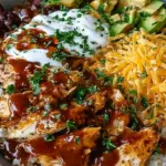 A vibrant meal prep bowl with grilled BBQ chicken, brown rice, black beans, corn, and a creamy white ranch drizzle.