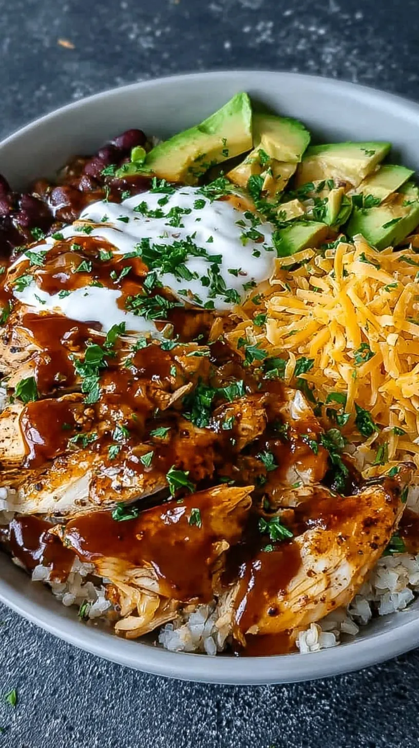 A vibrant meal prep bowl with grilled BBQ chicken, brown rice, black beans, corn, and a creamy white ranch drizzle.