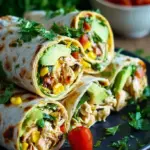 Golden toasted chicken roll ups sliced on a plate with fresh cilantro