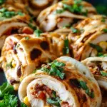 Four sliced Southwest Chicken Roll-Ups showing creamy chicken, black beans, and corn filling on a wooden board.