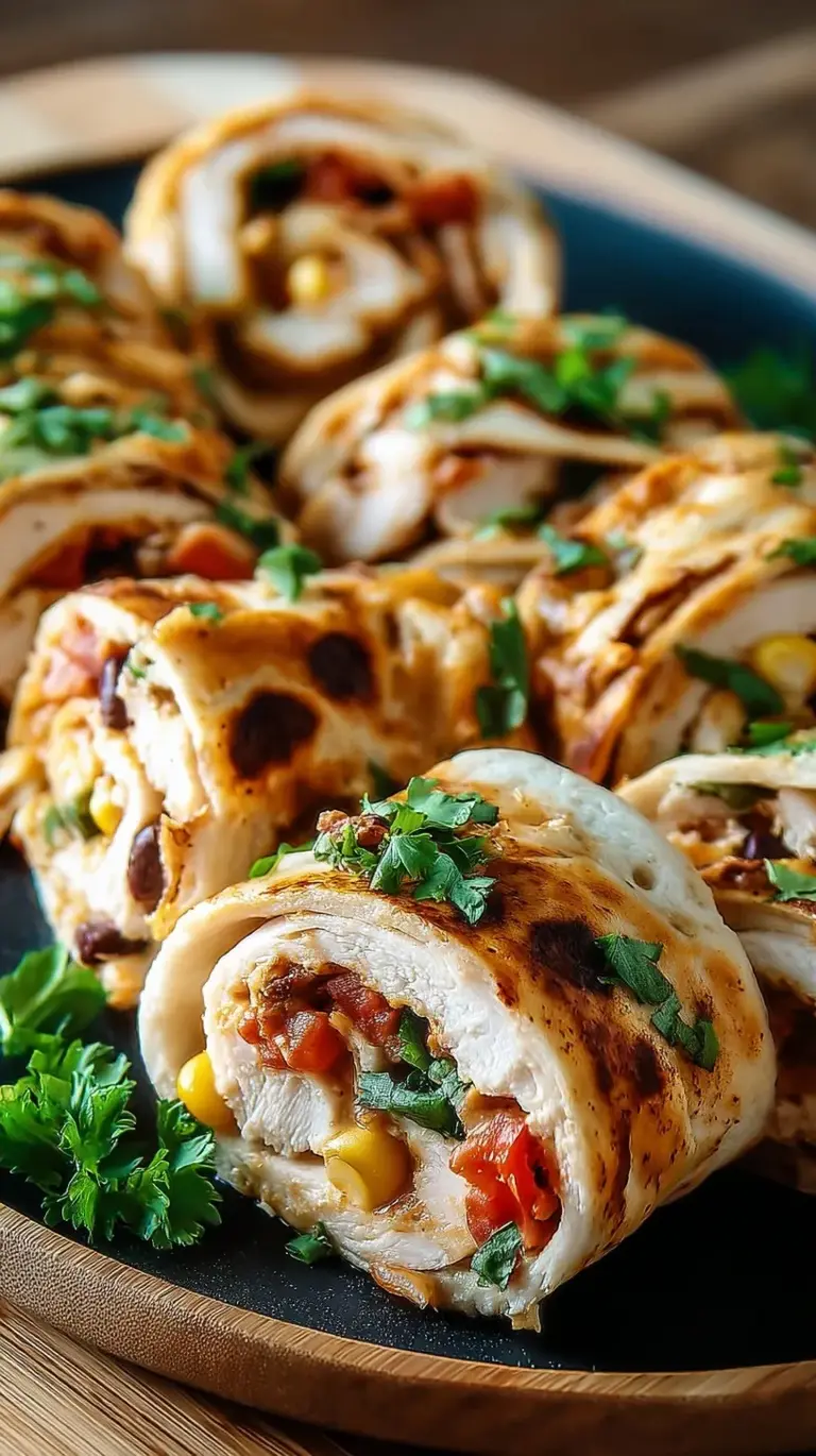 Four sliced Southwest Chicken Roll-Ups showing creamy chicken, black beans, and corn filling on a wooden board.