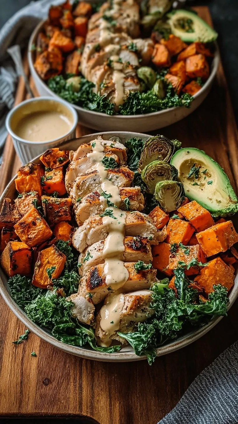 A healthy bowl filled with glazed maple dijon chicken, roasted sweet potatoes, fresh spinach, and chopped pecans.